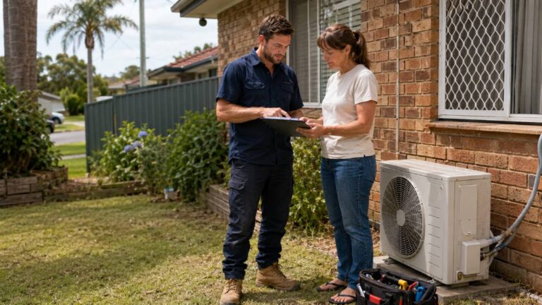 An air conditioning technician explaining a quote to a homeowner beside an outdoor split system unit.