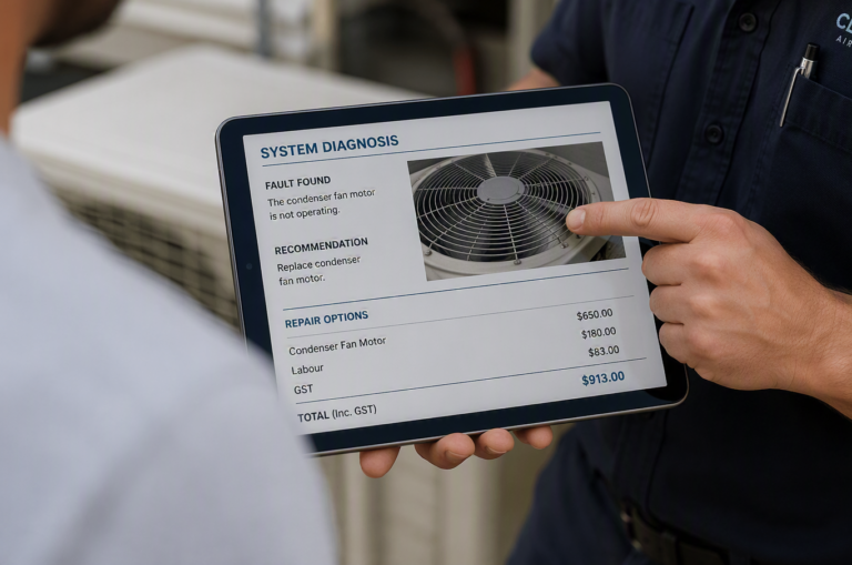 Technician recommending a system repair service